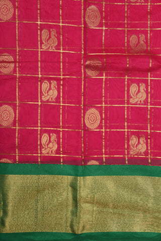 Zari Contrast Border With Checks And Mayil Chakram Butta Rani Pink Semi Kora Silk Cotton Saree