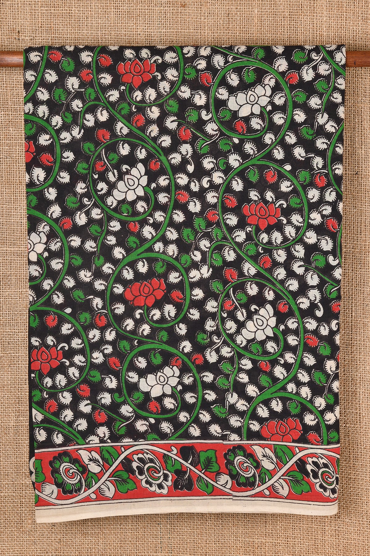Floral Design Black Kalalamkari Cotton Saree