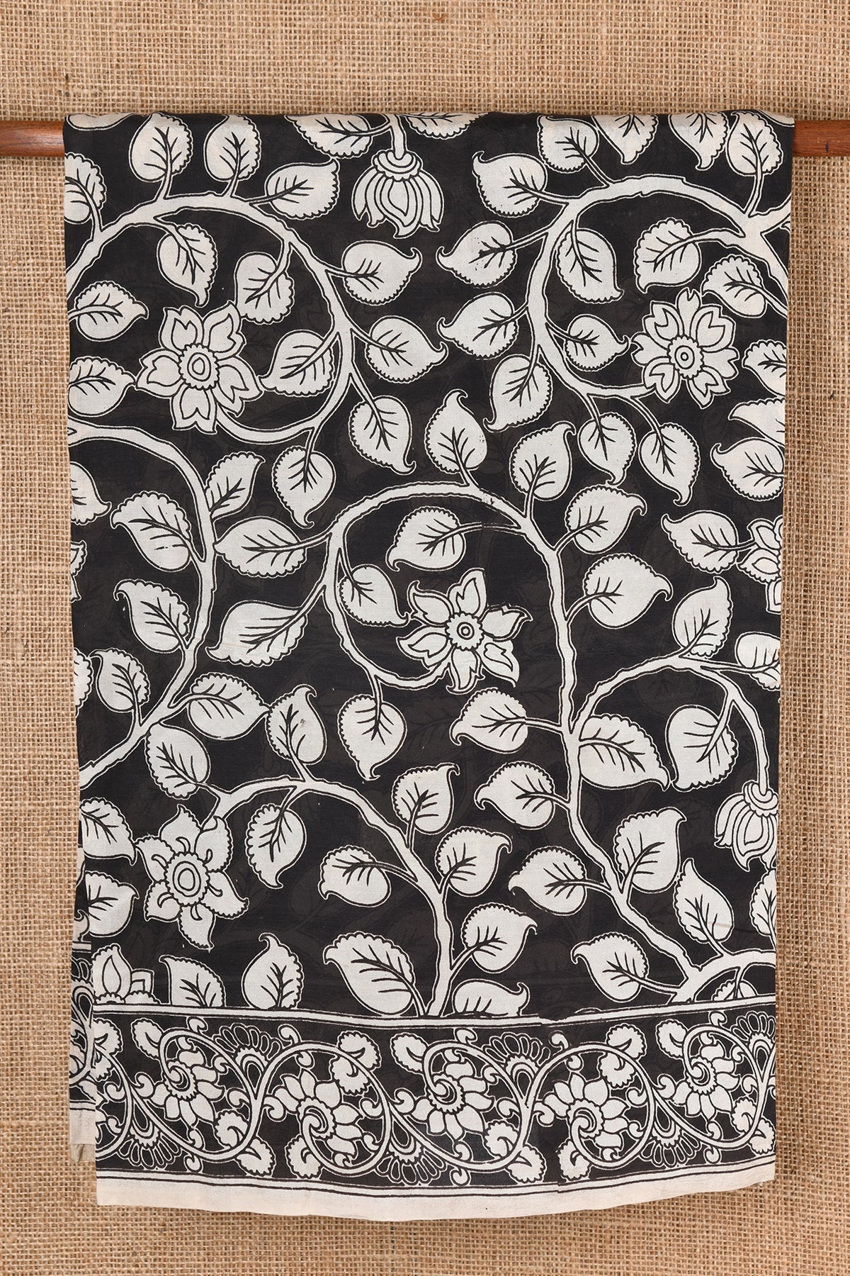 Floral Design Black Kalamkari Semi Silk Saree
