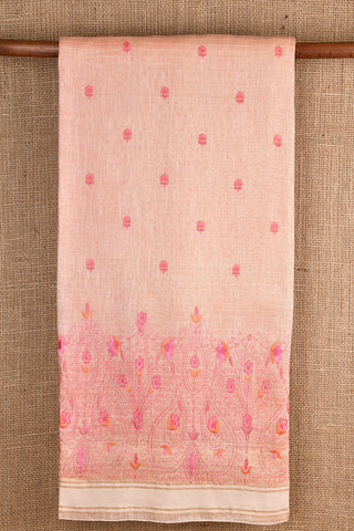 Floral Design Embroidery Work Pastel Neon Pink Linen Saree