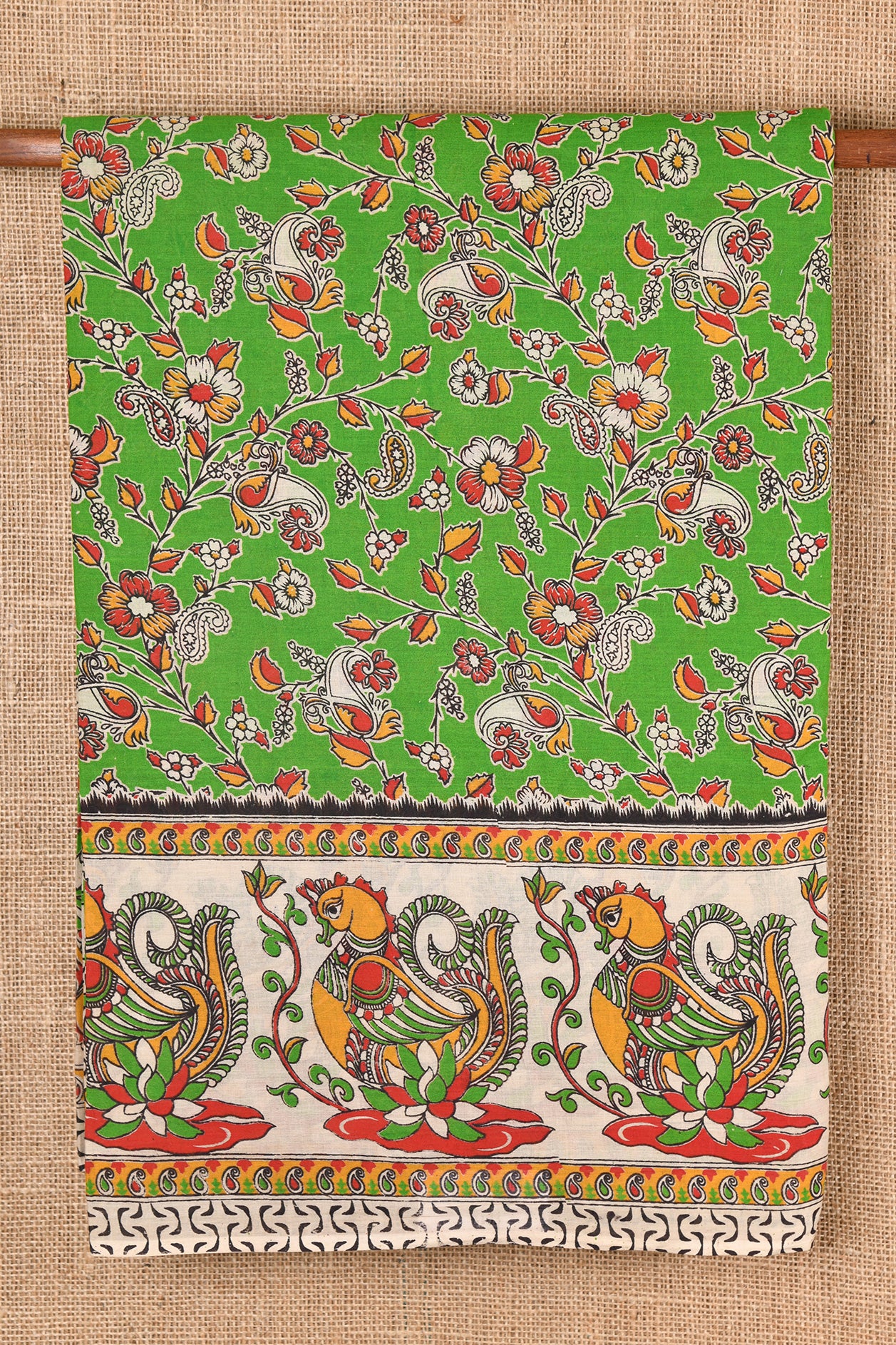 Floral Design Green Kalamkari Cotton Saree