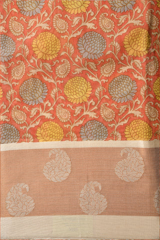 Floral Design Peach Color Chanderi Cotton Saree