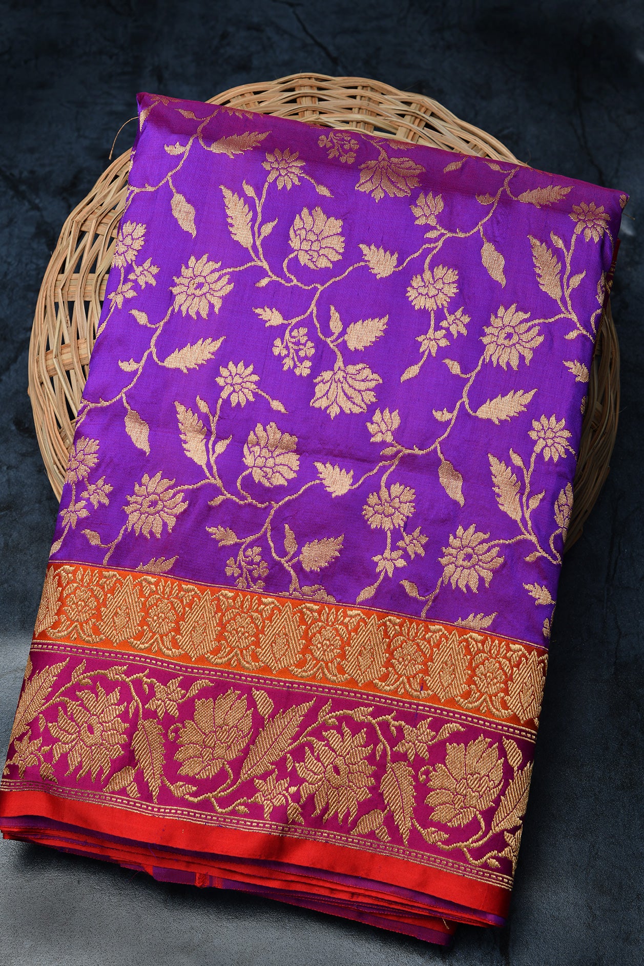 Floral Design Violet Banaras Silk Saree