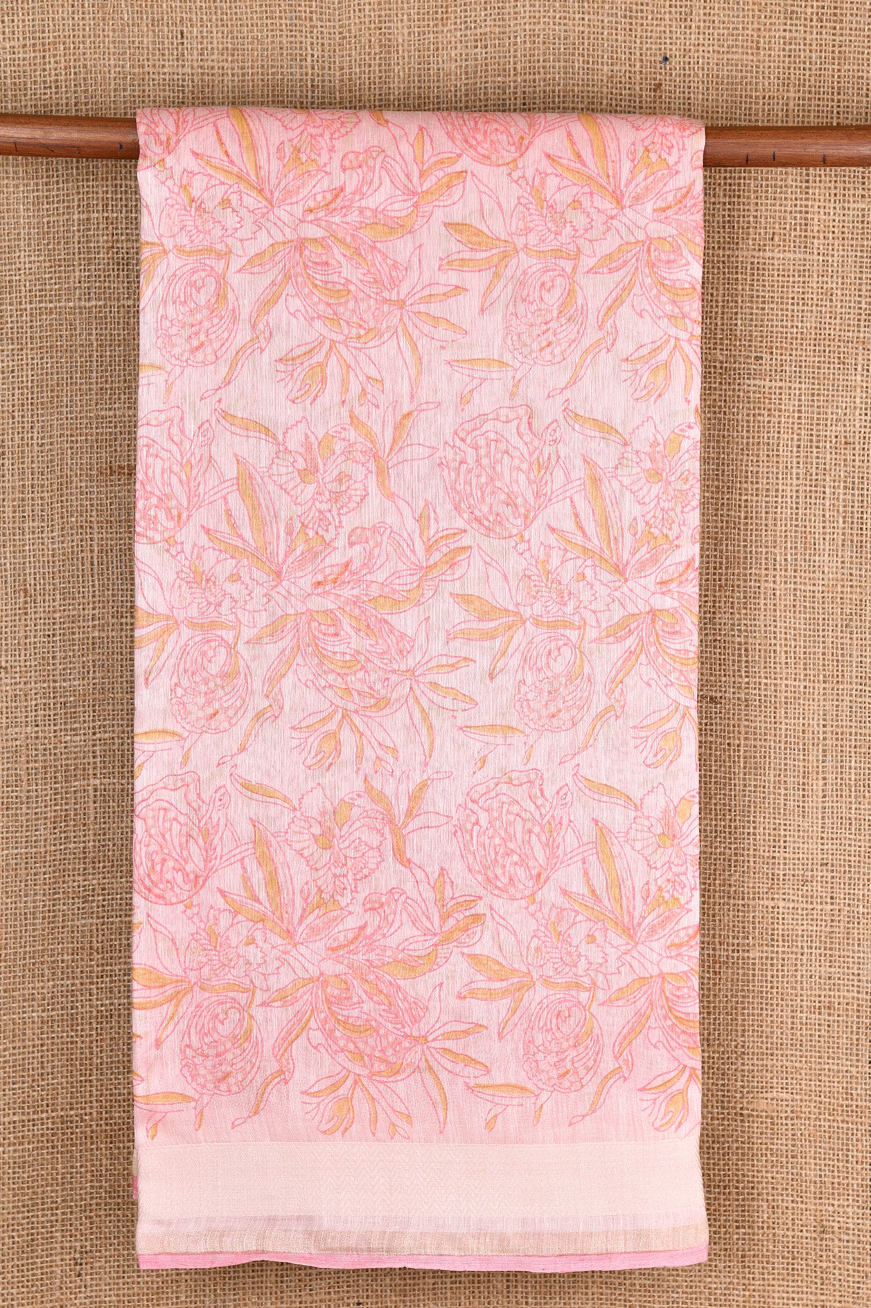 Floral Design Pastel Pink Linen Saree