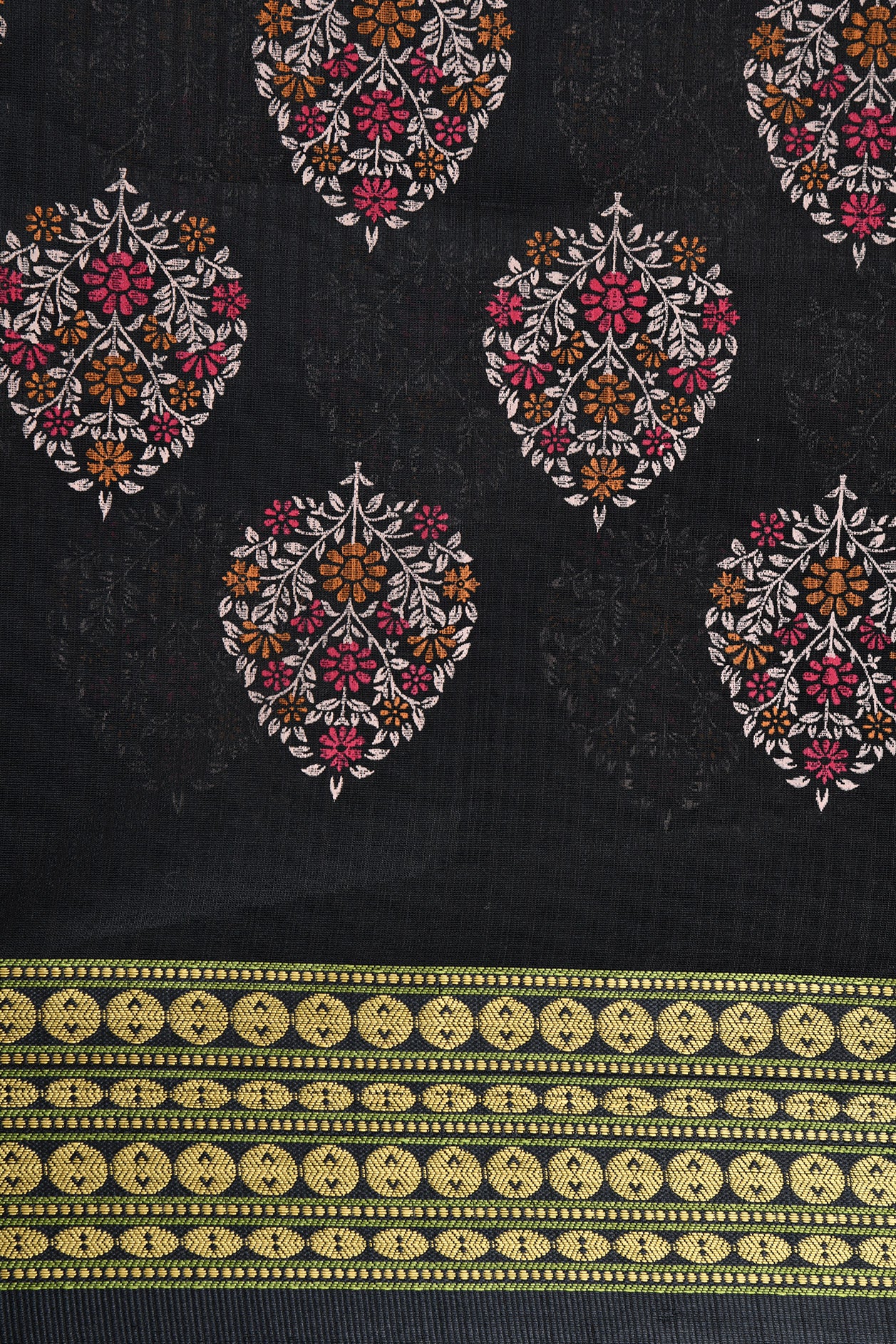 Floral Motif Black Kota Cotton Saree