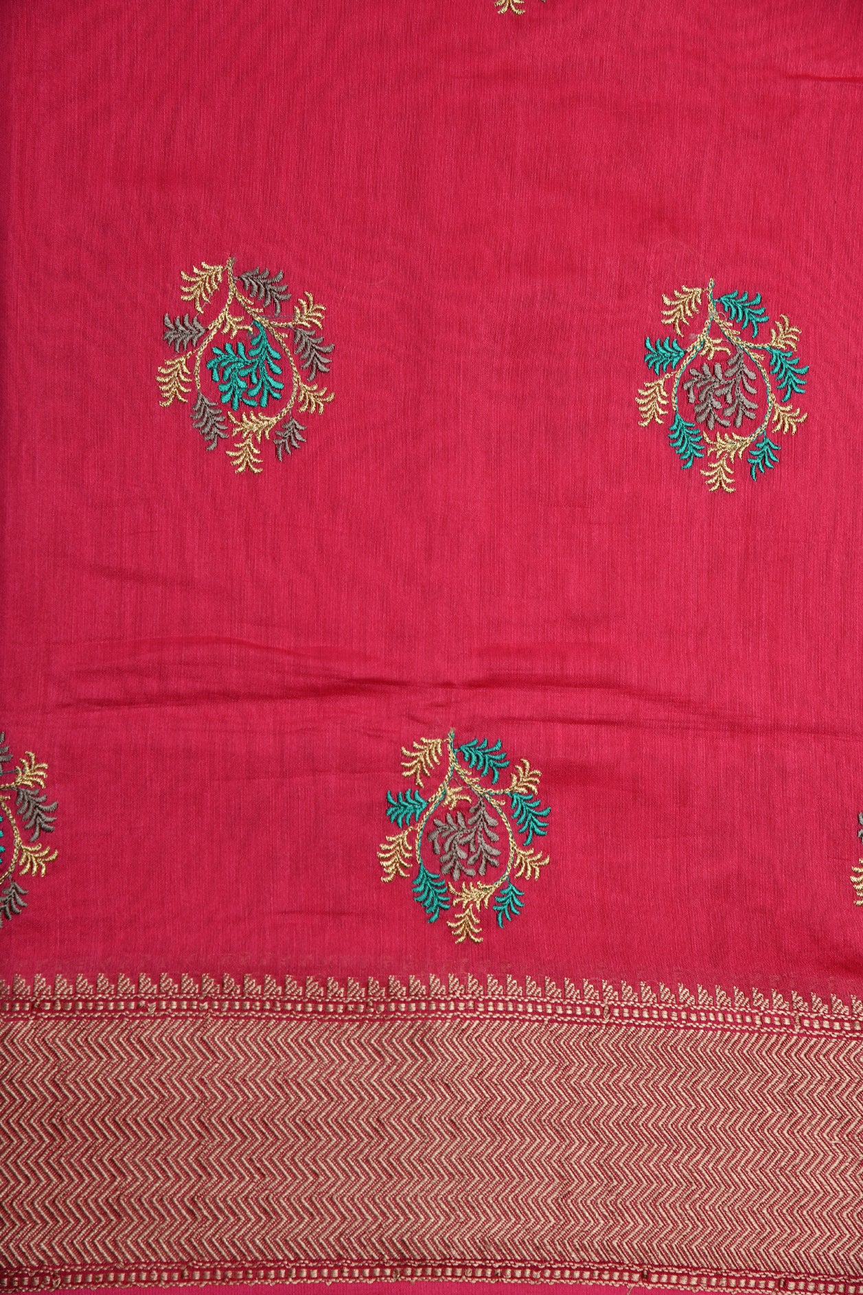Floral Motif Embroidered Work Dark Pink Chanderi Saree