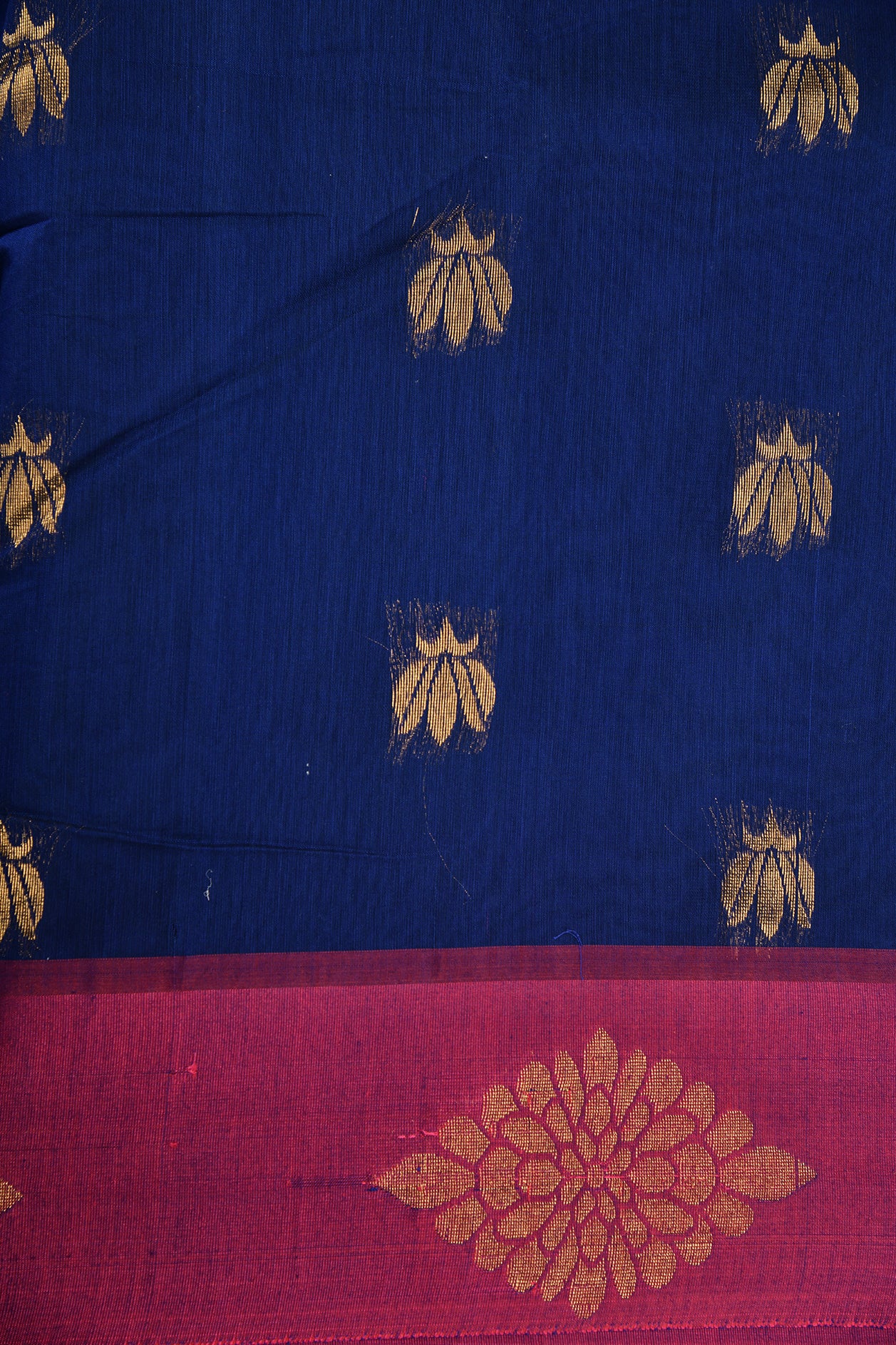 Floral Motif Navy Blue Kora Silk Cotton Saree