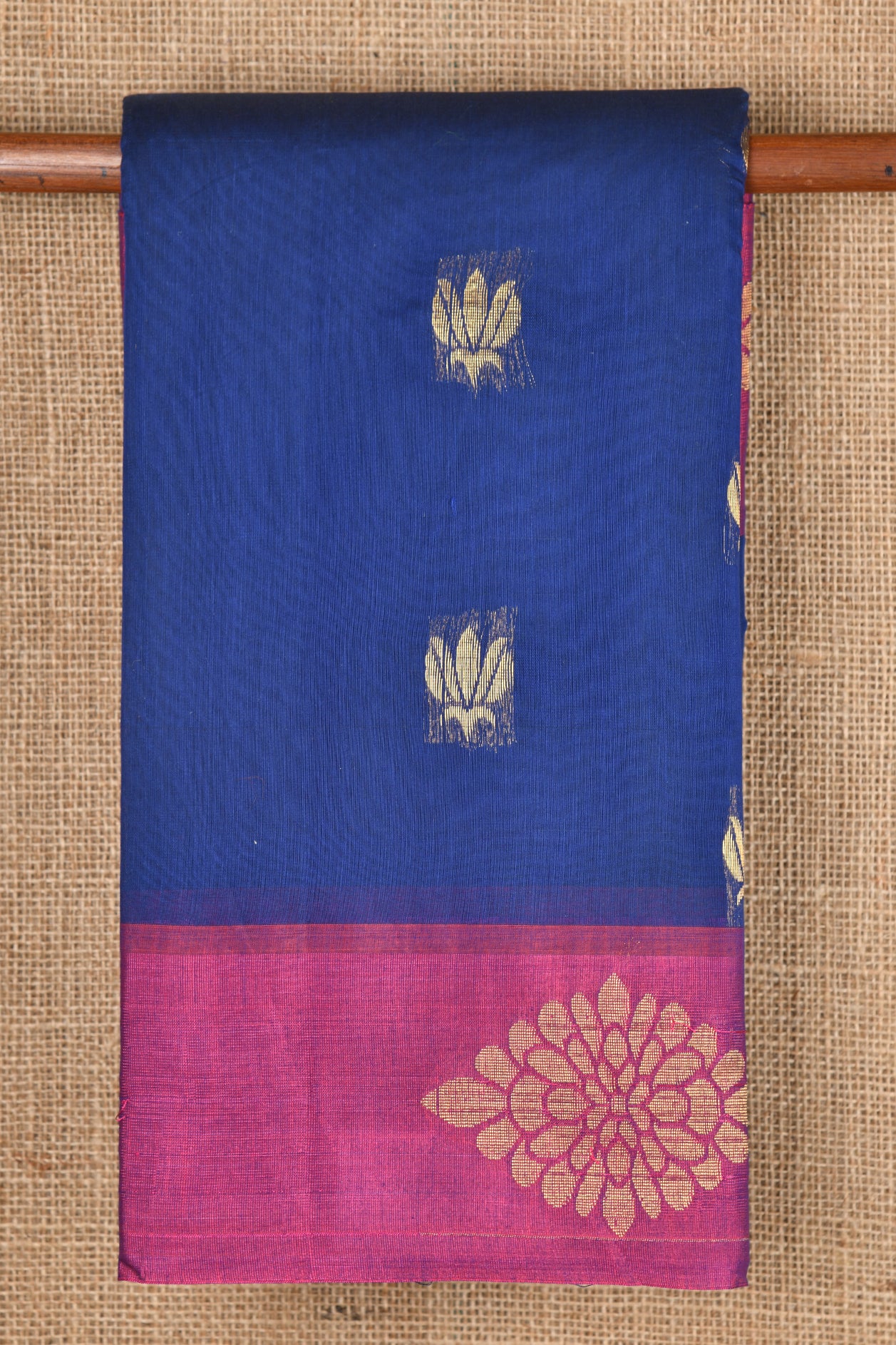 Floral Motif Navy Blue Kora Silk Cotton Saree