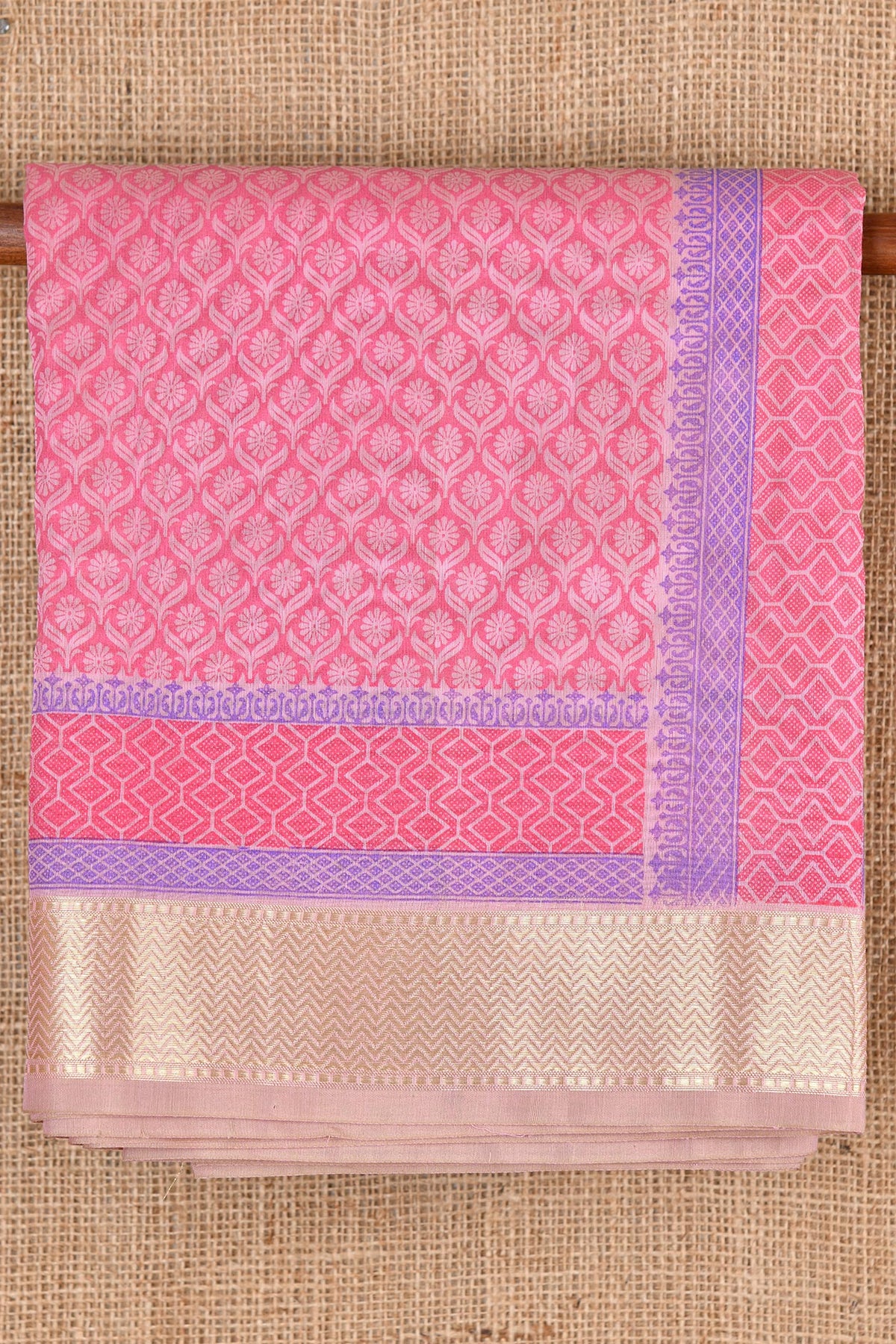 Floral Motif Neon Pink Chanderi Cotton Saree