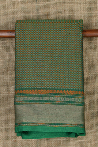 Thread Work Rudraksh Border And Small Checks Body Crocodile Green Coimbatore Cotton Saree