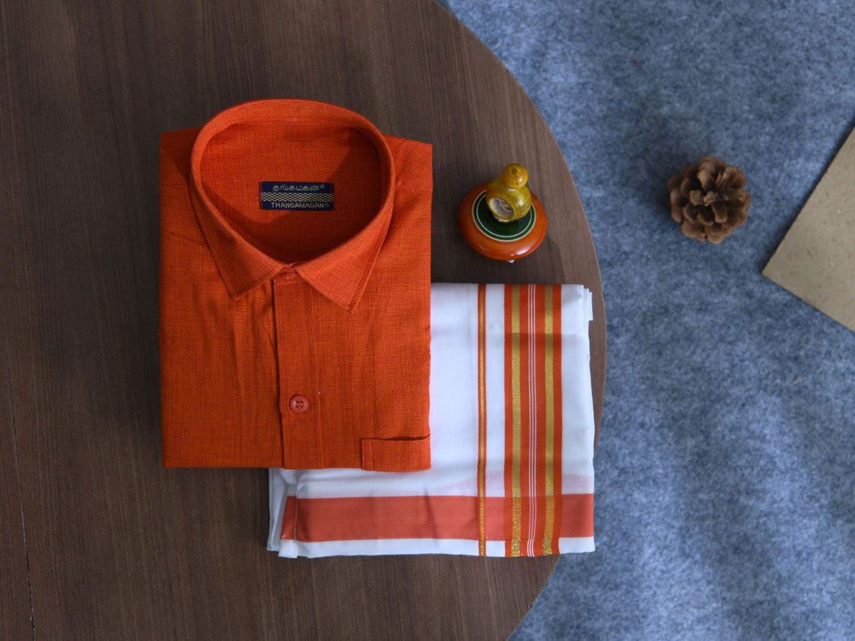 Regular Collar Ochre Orange Cotton Shirt With Velcro Dhoti Set
