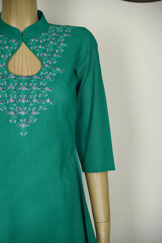 Keyhole Neck Chinese Collar Embroidered Pine Green Cotton A-Line Long Kurta