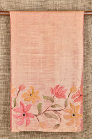 Patch Work Floral Design Applique Work Gold Tissue Peach Orange Kanchipuram Silk Saree