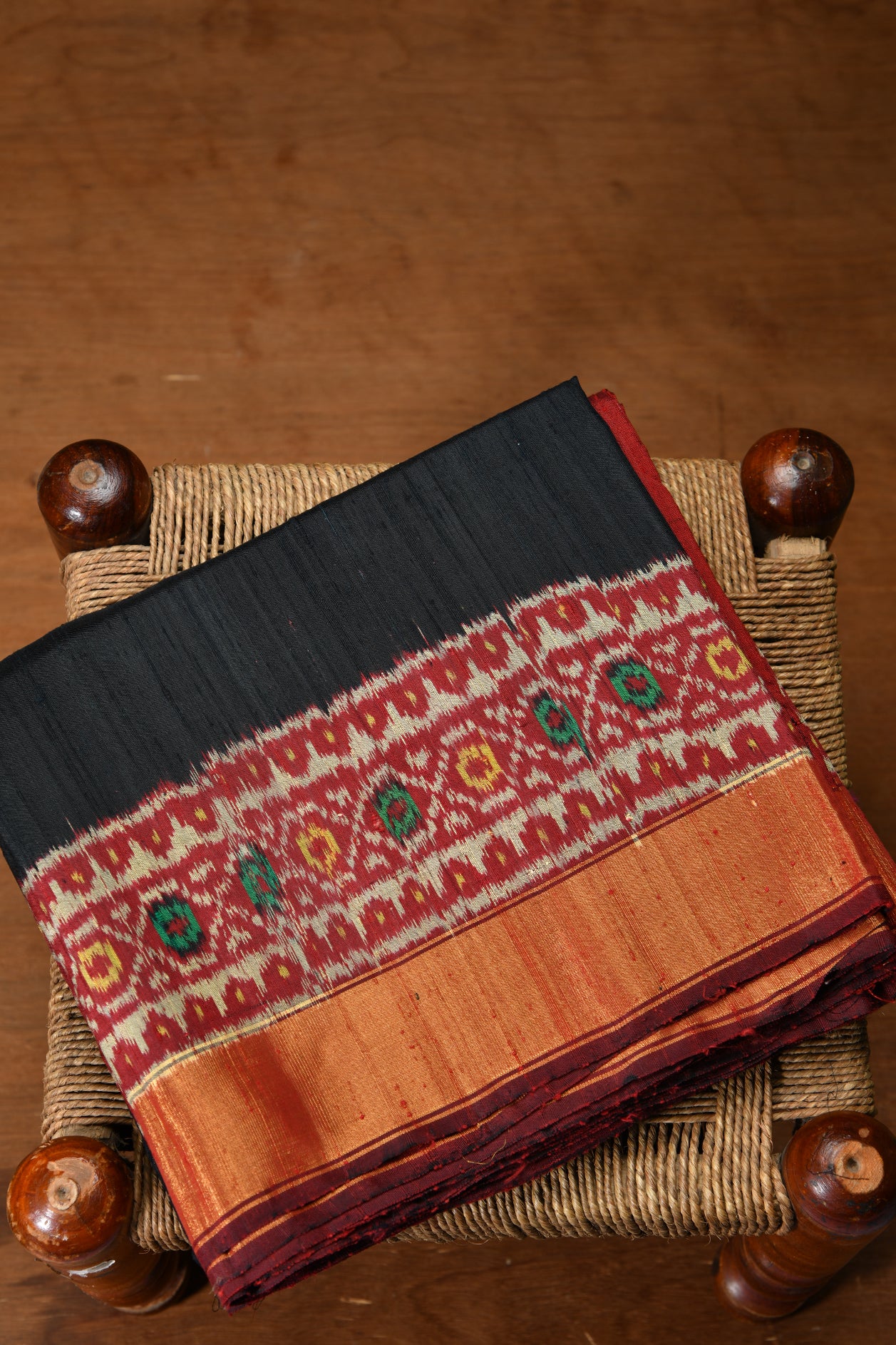 Ikat Design Black Raw Silk Weave Patola Silk Saree