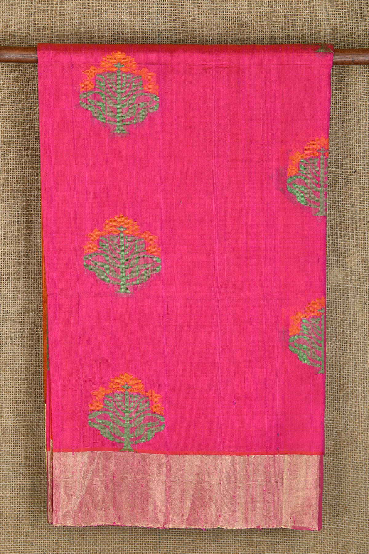 Zari Border With Marigold Flower Motif Hot Pink Jute Silk Saree
