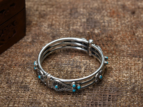 Pure Silver Triple Band Hinged Kada With Turquoise Stones