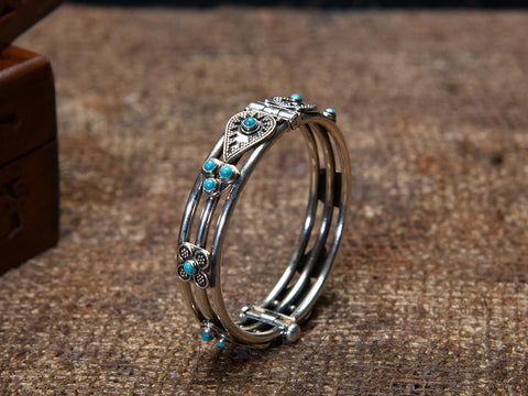 Pure Silver Triple Band Hinged Kada With Turquoise Stones