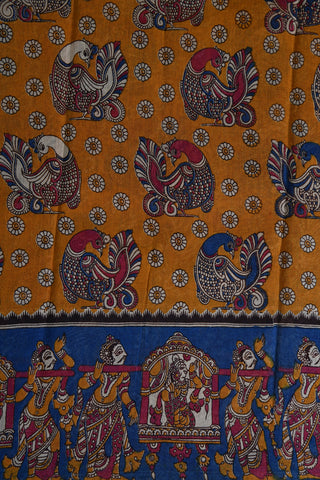 Contrast Border Peacock Printed Mustard Kalamkari Chanderi Cotton Saree