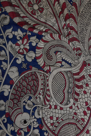 Floral Printed Blue Kalamkari Chanderi Cotton Saree