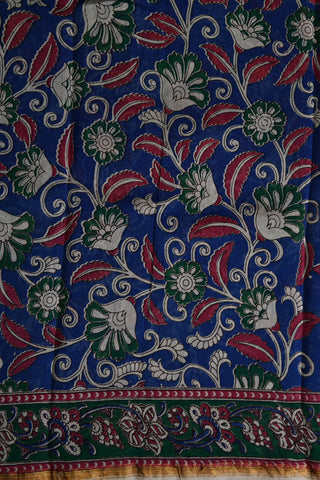 Floral Printed Blue Kalamkari Chanderi Cotton Saree
