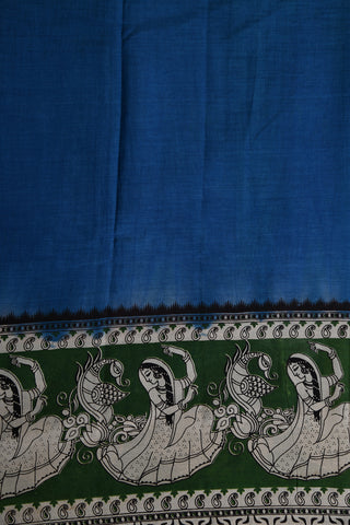 Contrast Border Blue Kalamkari Semi Silk Saree