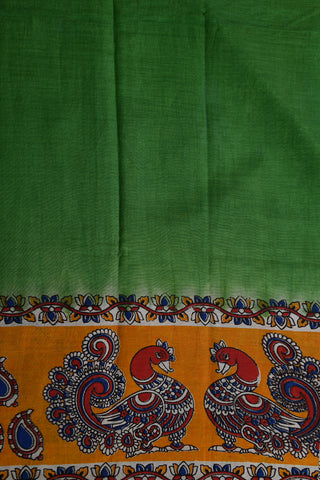 Peacock Border Design Green Kalamkari Semi Silk Saree