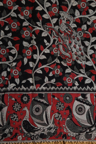 Floral Design Black Kalamkari Print Chanderi Cotton Saree