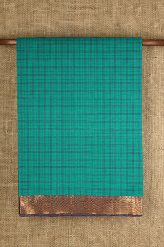 Vanki Zari Border With Checks Peacock Green Mangalagiri Cotton Saree