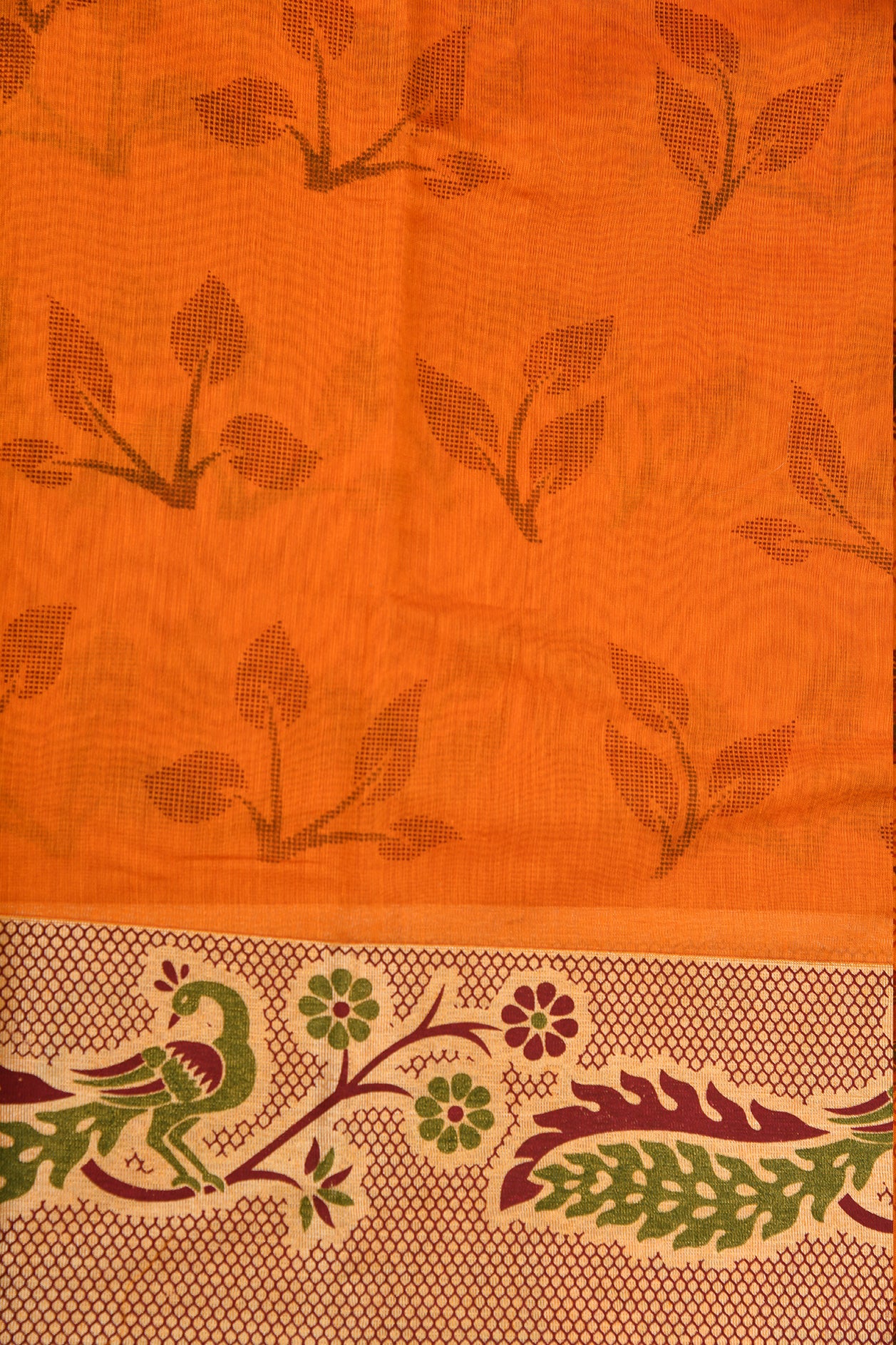 Leaf Motif Orange Kora Silk Cotton Saree