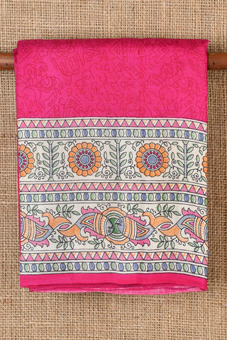 Madhubani Border Design Rose Pink Printed Silk Saree