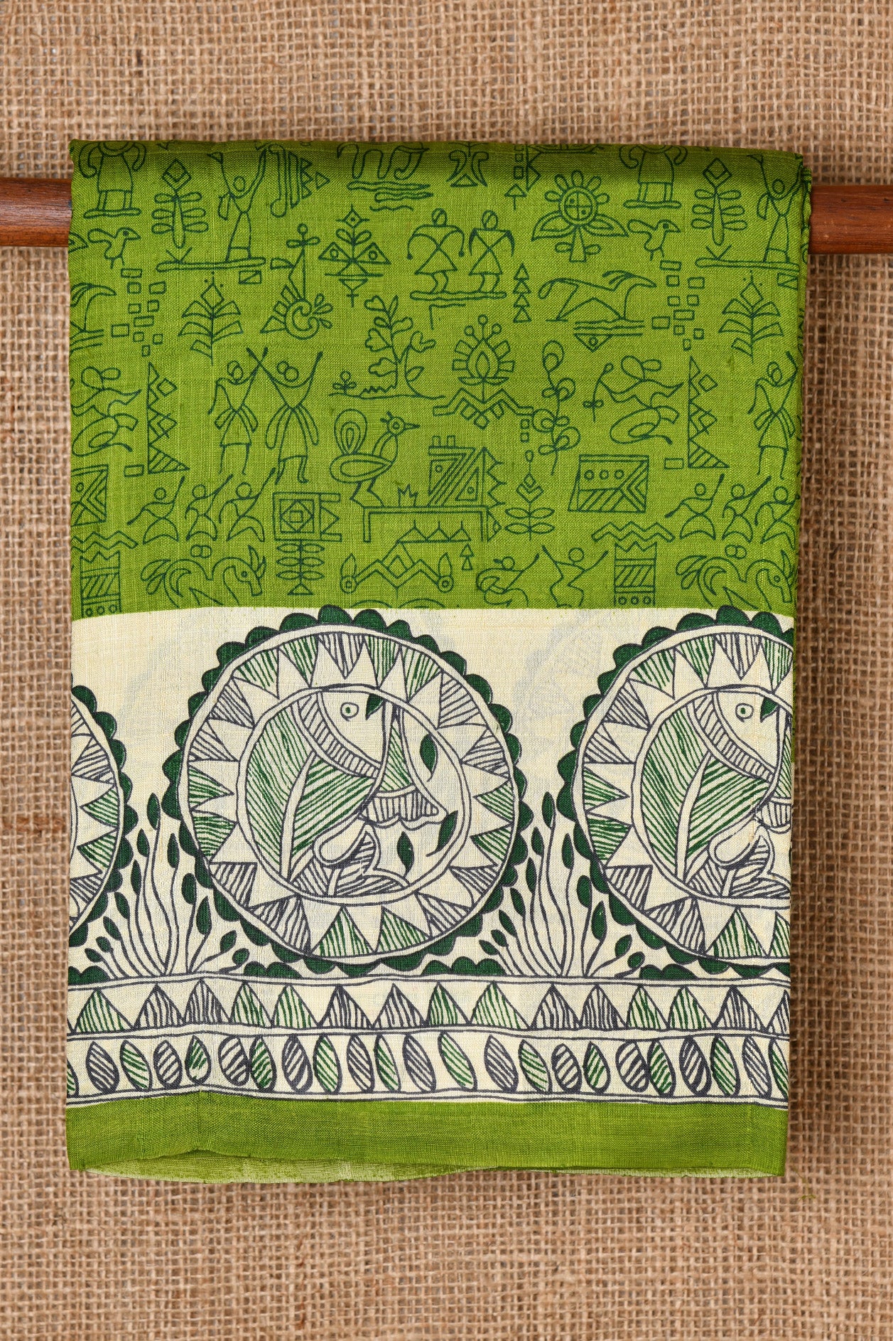 Madhubani Border Design Olive Green Printed Silk Saree