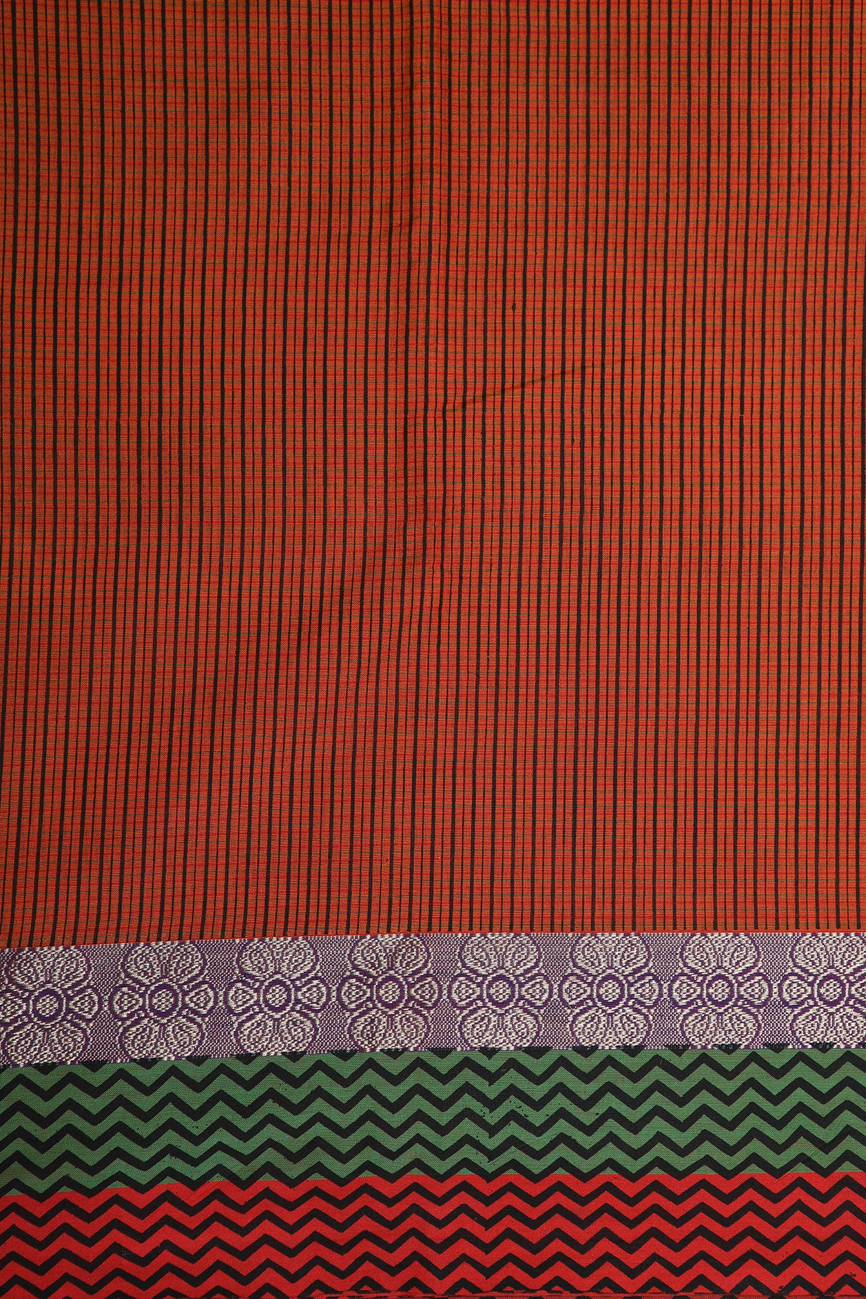 Chevron Border With Vertical Stripes Printed Mehandi Green Chanderi Cotton Saree
