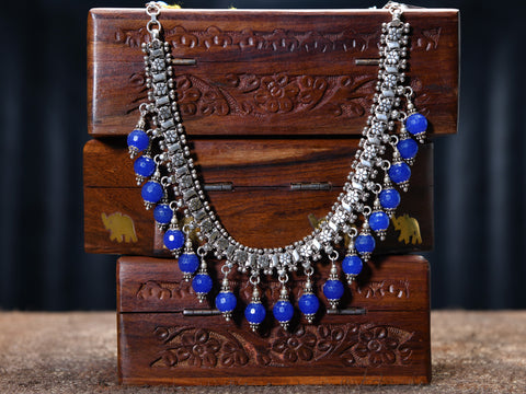 Lapis Beads Oxidised Pure Silver Necklace