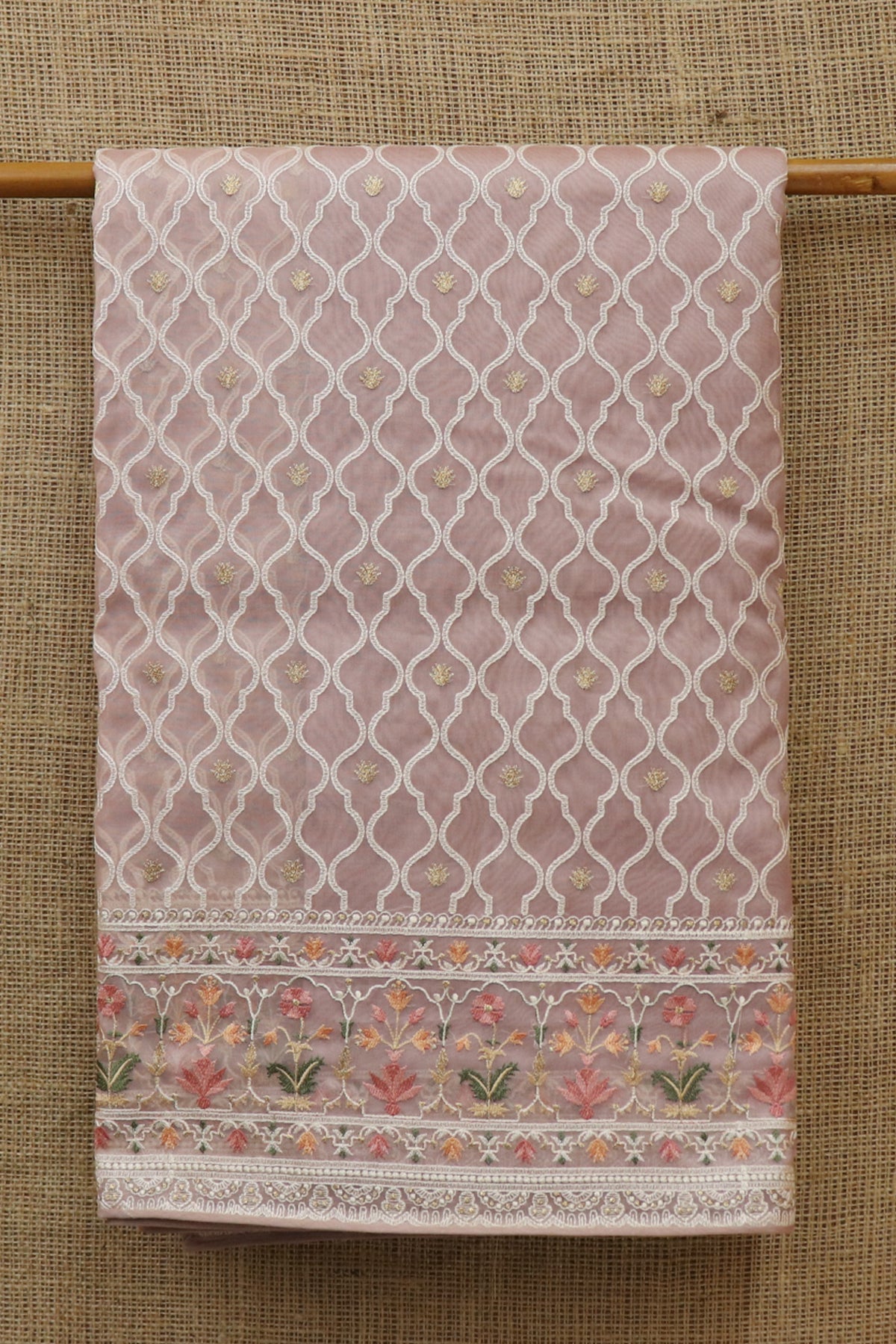 Embroidered Work Border With Ogee Pattern Light Mauve Pink Organza Saree