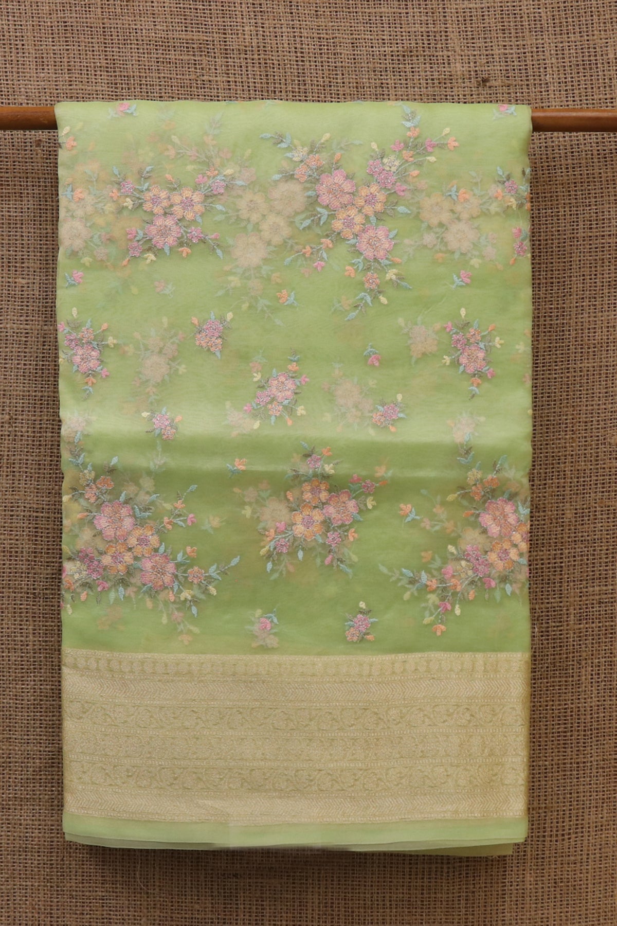 Floral Embroidered Light Green Organza Saree
