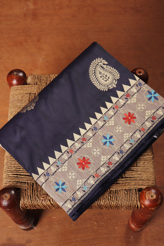 Paisley Design With Dark Indigo Blue Banaras Silk Saree