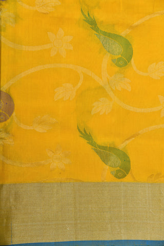 Thread Work Parrot Design Yellow Soft Silk Saree