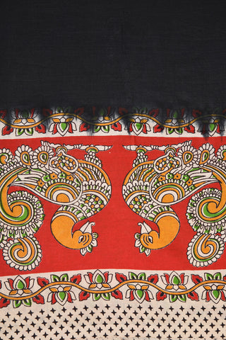 Peacock Border Design Black Kalamkari Semi Silk Saree