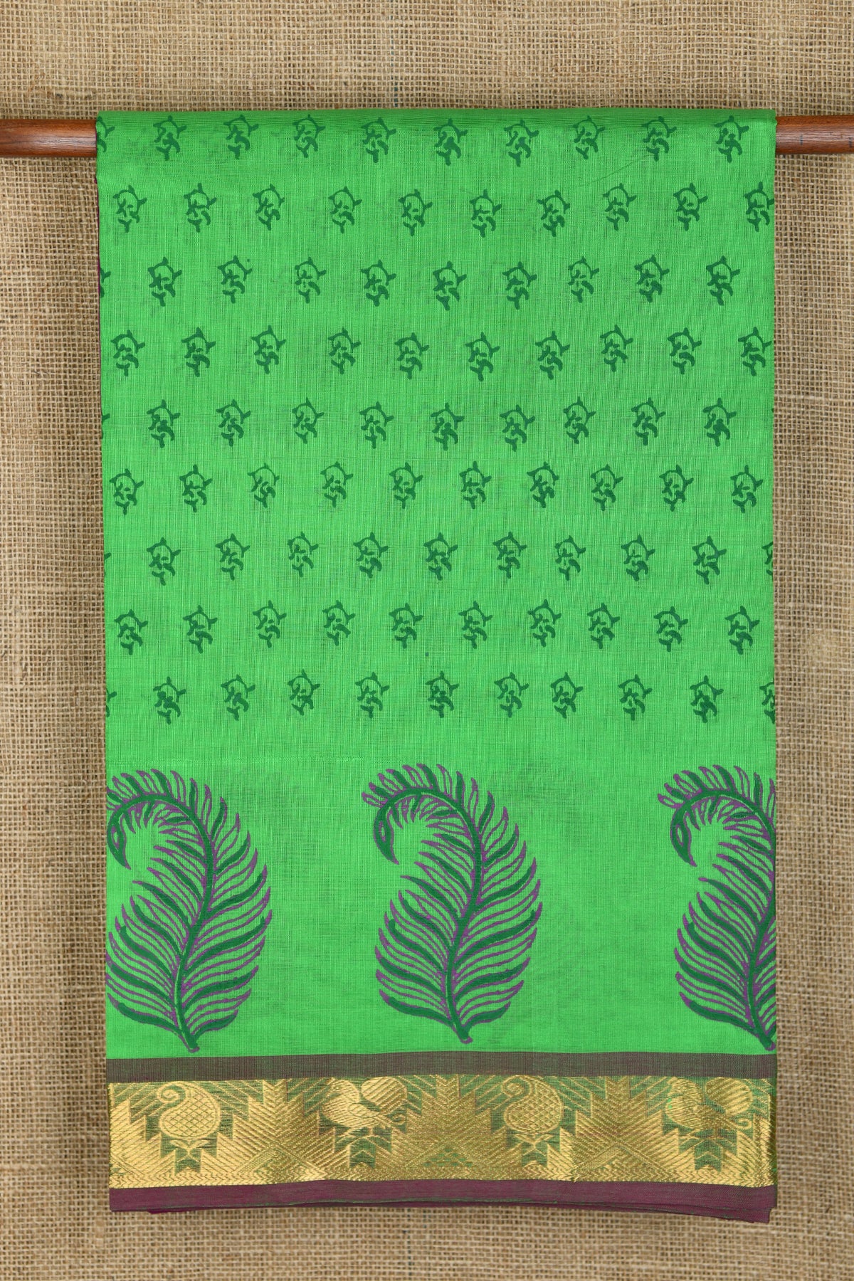 Temple And Paisley Border With Buttis Parrot Green Printed Silk Cotton Saree