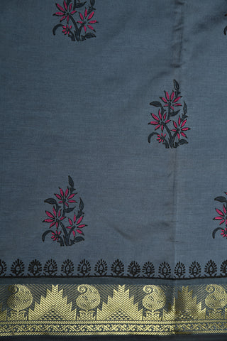 Temple And Paisley Border With Floral Motif Elephant Grey Printed Silk Cotton Saree