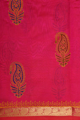Parrot Zari Border With Paisley Motif Hot Pink Printed Silk Cotton Saree
