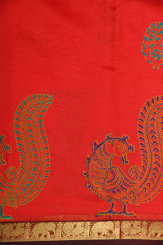 Traditional Zari Border With Peacock Motif Candy Red Printed Silk Cotton Saree