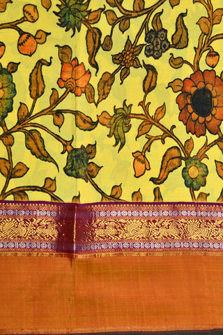 Digital Printed Botanical Design Lemon Yellow Kanchipuram Silk Saree