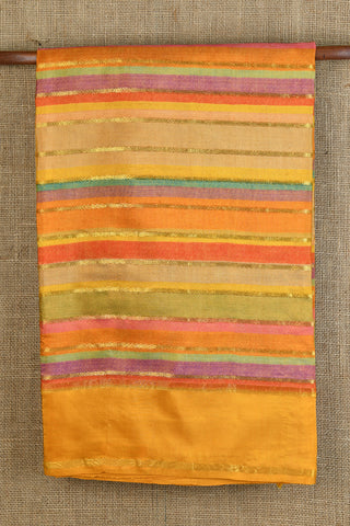 Gold Zari Lines Ochre Yellow Kanchipuram Printed Silk Saree