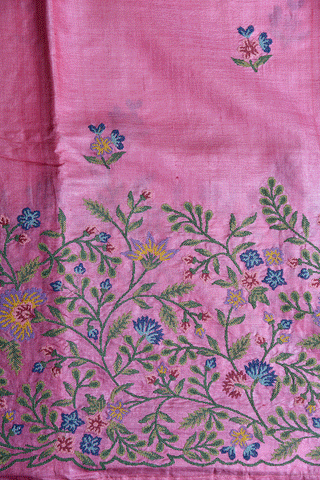 Embroidered Floral Design Rose Pink Tussar Silk Saree