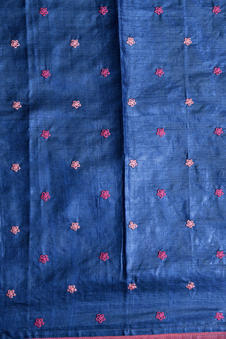 Embroidered Floral Design Indigo Blue Raw Silk Saree