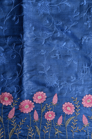 Embroidered Floral Design Indigo Blue Raw Silk Saree