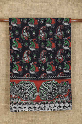 Peacock Border With Paisley Design Black Kalamkari Printed Cotton Saree