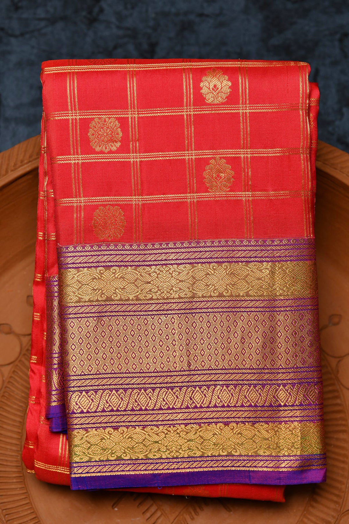 Big Border With Checks And Floral Butta Tomato Red Kanchipuram Silk Saree