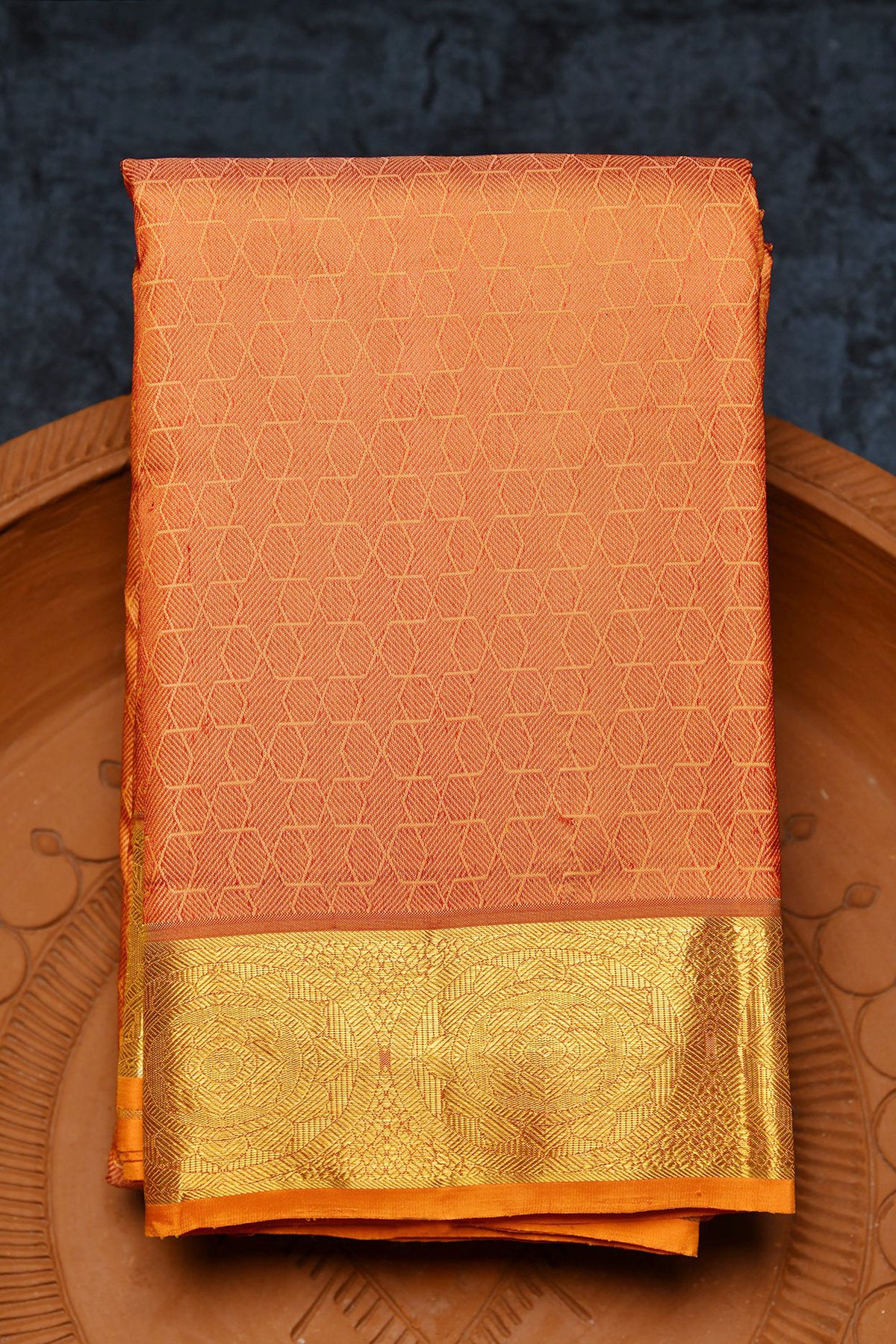 Mandala Design Zari Border With Geometric Pattern Peach Orange Kanchipuram Silk Saree